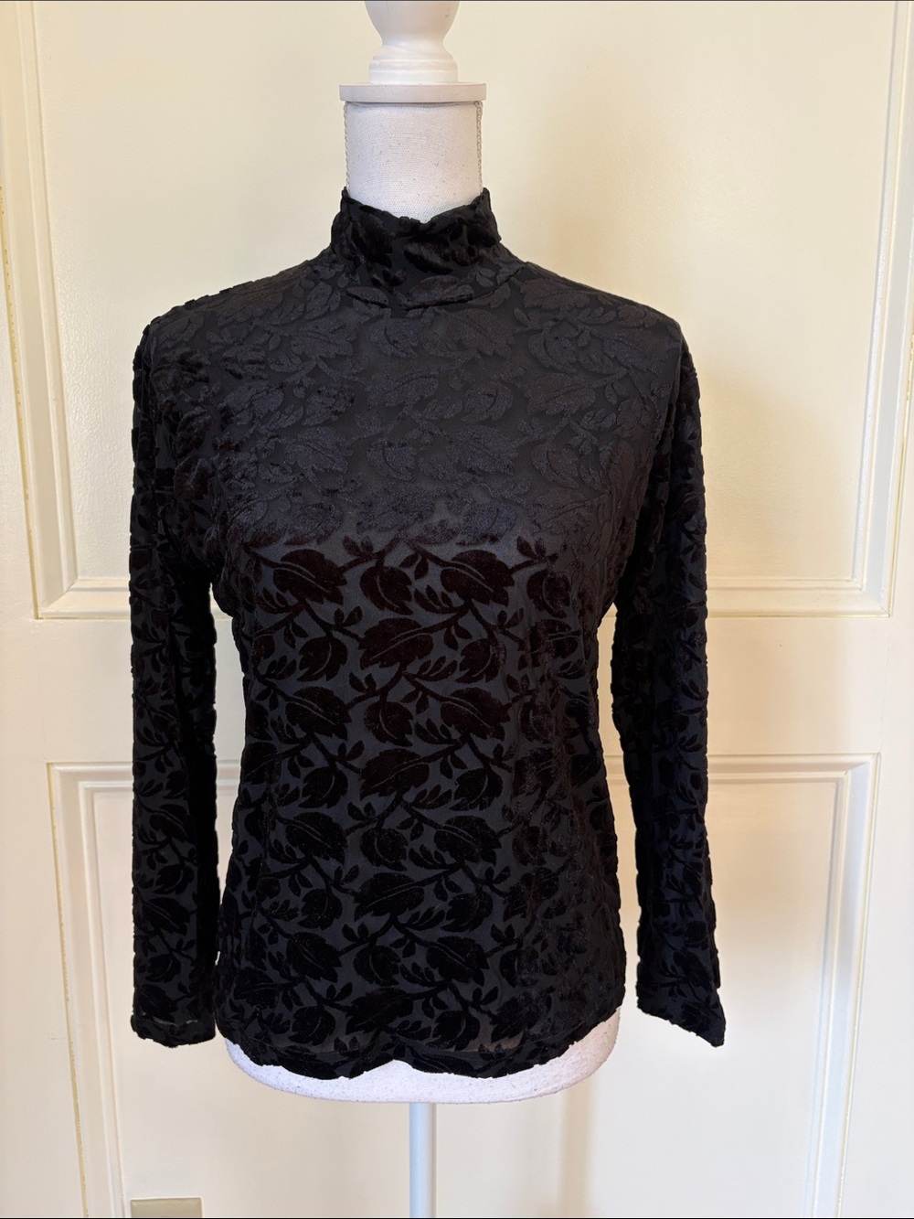 Black Floral Burnout Mock Neck Long Sleeve Top - Classic Style